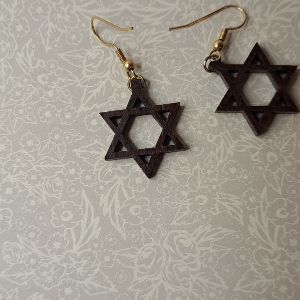 VINTAGE Wood Star of David Earrings - Picture 6 of 7